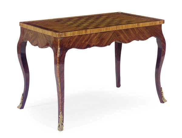 A FRENCH ORMOLU-MOUNTED KINGWOOD AND FRUITWOOD TRIC-TRAC TABLE**,