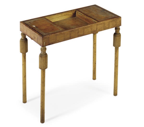 A FRENCH MAHOGANY AND LEATHER SIDE TABLE,