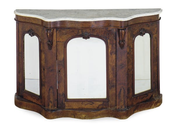 A VICTORIAN BURR-WALNUT AND MARBLE-TOP SERPENTINE SIDE CABINET,