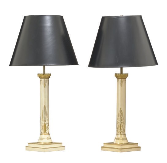 A PAIR OF CREAM AND GILT-DECORATED TABLE LAMPS,