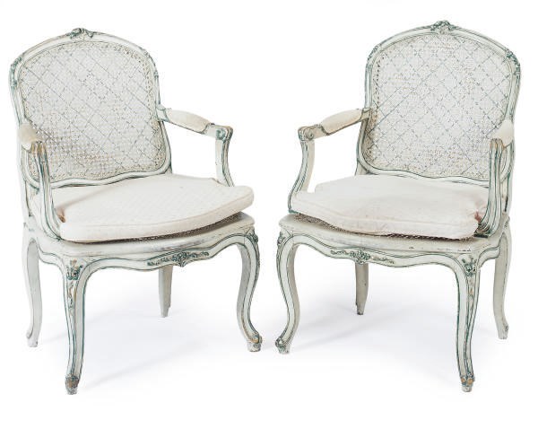 A PAIR OF FRENCH CREAM AND BLUE-PAINTED AND CANED FAUTEUILS,