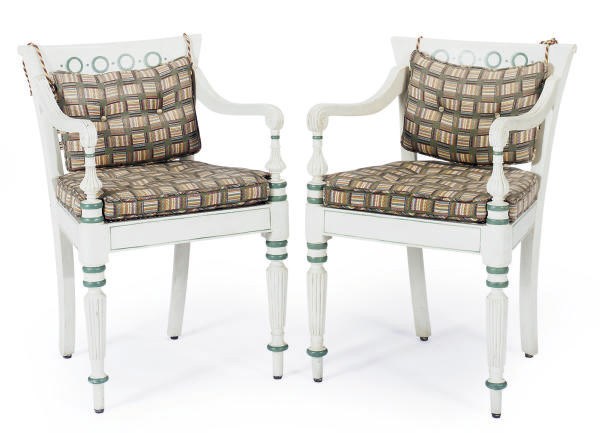 A PAIR OF FRENCH EMPIRE PAINTED AND CANED FAUTEUILS,