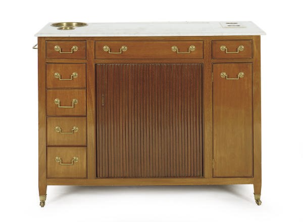 A MAHOGANY AND MARBLE-TOP SIDEBOARD,