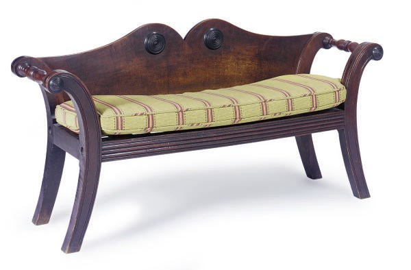 A REGENCY MAHOGANY AND EBONY HALL BENCH,