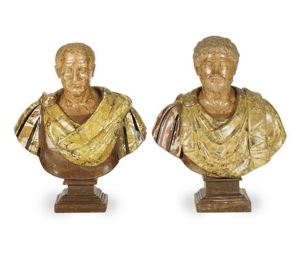 A PAIR OF ITALIAN MARBLE AND HARDSTONE BUSTS OF EMPERORS,