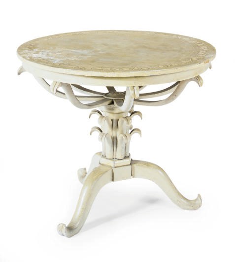 A GREEN AND CREAM-PAINTED PEDESTAL TABLE,