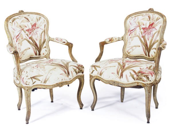 A PAIR OF LOUIS XV GREY-PAINTED FAUTEUILS,