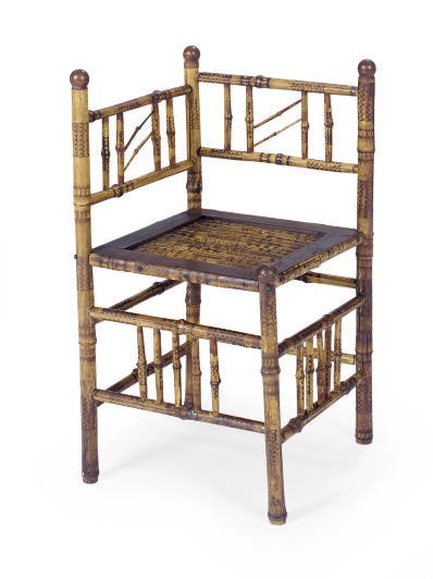 A BAMBOO AND OAK CORNER LOW CHAIR,