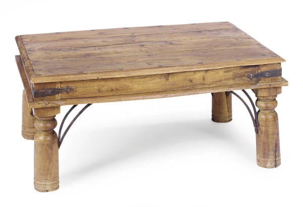 A HARDWOOD AND IRON COFFEE TABLE,