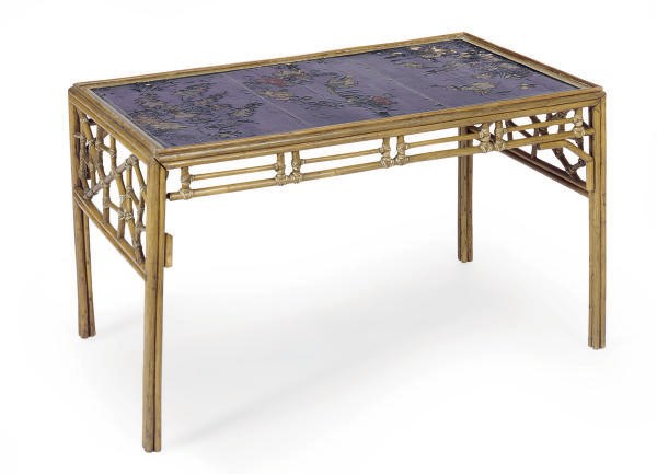 TWO SIMILAR BAMBOO AND BLACK LACQUERED TOP SIDE TABLES,