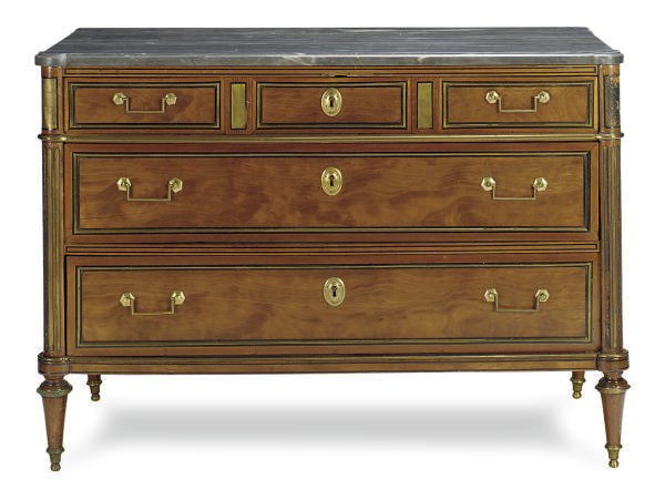 A LOUIS XVI BRASS MOUNTED MAHOGANY COMMODE,