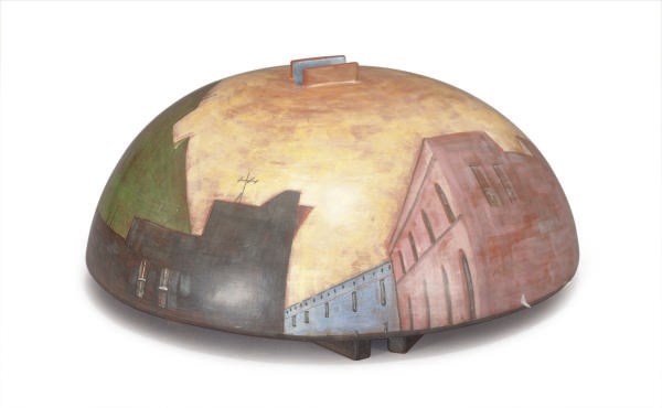 A PAINTED AND GLAZED CERAMIC 'CITY' VESSEL,