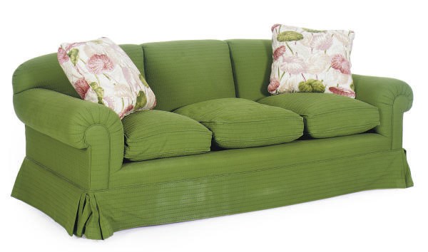 A GREEN-UPHOLSTERED SOFA,