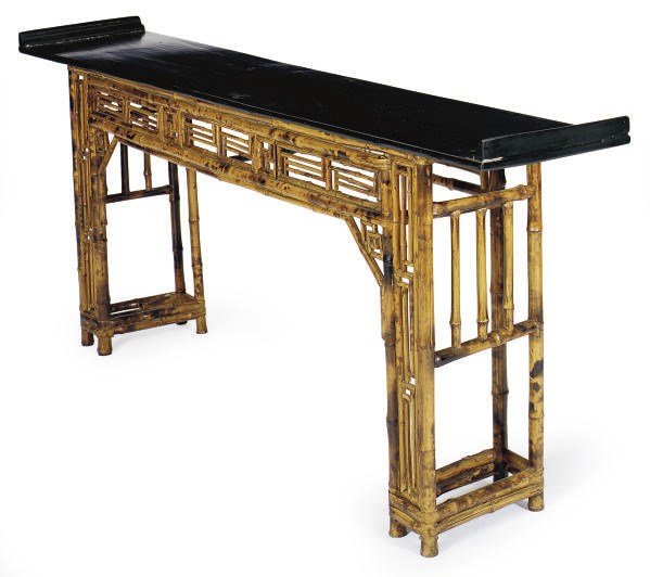A CHINESE BLACK LACQUER AND BAMBOO ALTAR TABLE,