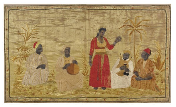 A SILK EMBROIDERED AND PAINTED ORIENTALIST PANEL,