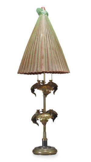 A HAMMERED METAL 'LEAF AND FLORAL' FORM TABLE LAMP,