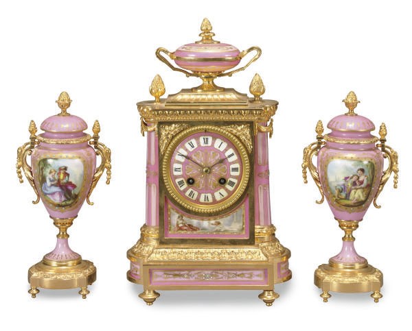 A FRENCH ORMOLU-MOUNTED PORCELAIN CLOCK GARNITURE,