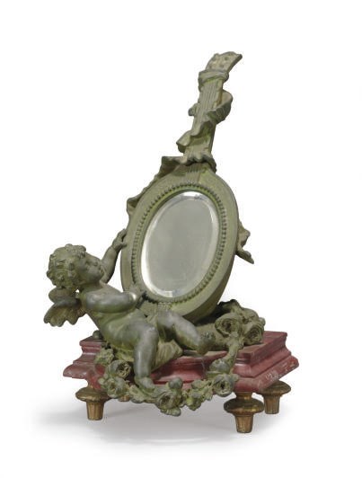 A PATINATED BRONZE AND MARBLE FIGURAL DRESSING MIRROR,