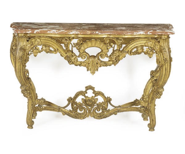 A FRENCH GILTWOOD AND MARBLE TOP CONSOLE TABLE,