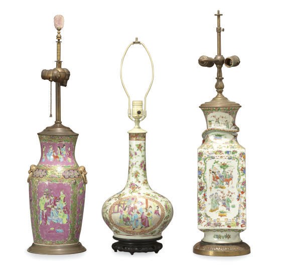 THREE CHINESE EXPORT PORCELAIN VASES MOUNTED AS TABLE LAMPS,