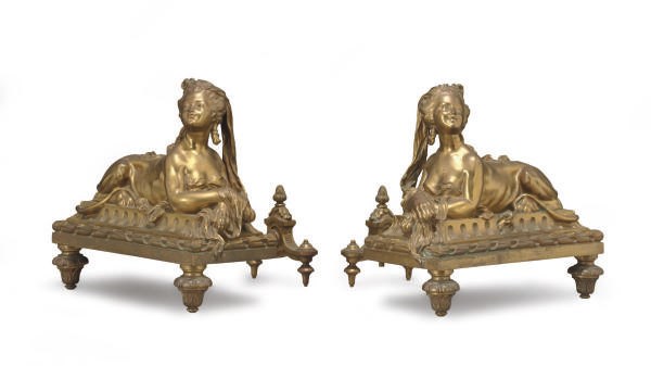 A FRENCH PAIR OF ORMOLU FIGURAL CHENETS,