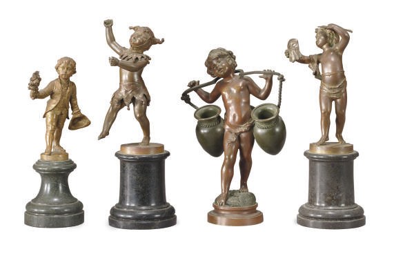 FOUR PATINATED AND GILT-BRONZE MINIATURE FIGURES OF CHILDREN,