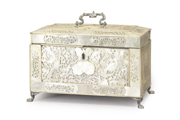 AN EARLY VICTORIAN SILVER-MOUNTED MOTHER-OF-PEARL CASKET,