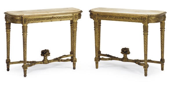 A PAIR OF FRENCH GILTWOOD AND MARBLE TOP SIDE TABLES,