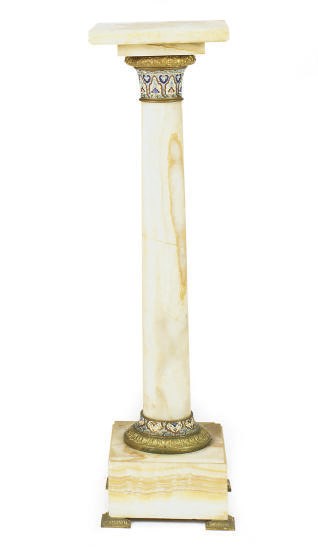 A FRENCH ORMOLU-MOUNTED ONYX AND CHAMPLEVE ENAMEL PEDESTAL,