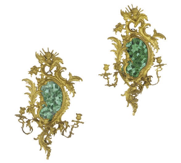 A PAIR OF GILT-BRONZE AND MALACHITE THREE-BRANCH WALL-LIGHTS,