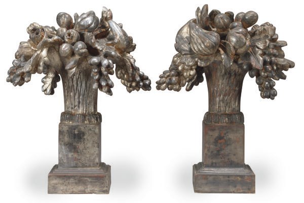 A PAIR OF SILVERED AND CARVED WOOD FRUIT AND FLORAL STANDS,