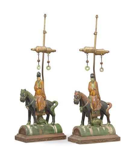 A PAIR OF CHINESE POLYCHROME-GLAZED EARTHENWARE TILEWORKS FIGURES OF EQUESTRIANS,