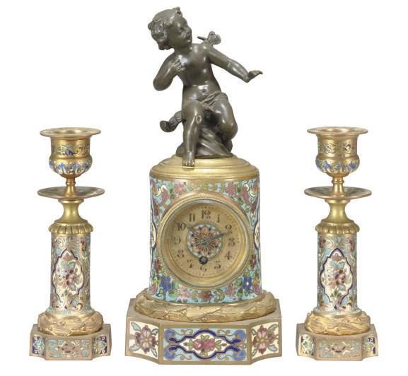 A FRENCH CHAMPLEVE ENAMEL AND GILT-METAL CLOCK GARNITURE,