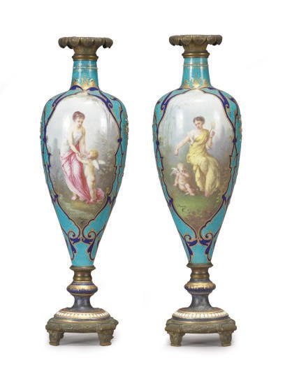 A PAIR OF FRENCH GILT-BRONZE MOUNTED PAINTED AND 'JEWELED' PORCELAIN VASES,