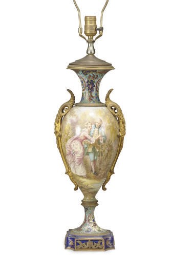 A FRENCH GILT-BRONZE MOUNTED CHAMPLEVE ENAMEL AND PAINTED PORCELAIN VASE MOUNTED AS A LAMP,
