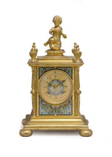 A FRENCH GILT-BRONZE AND CHAMPLEVE ENAMEL TABLE CLOCK,