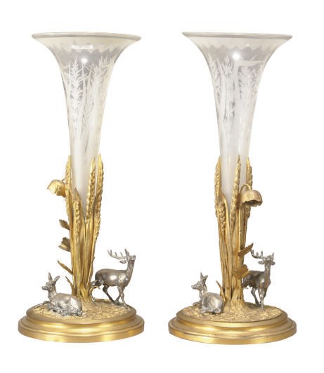 A PAIR OF SILVERED AND GILT-BRONZE AND ETCHED GLASS FIGURAL TRUMPET VASES,