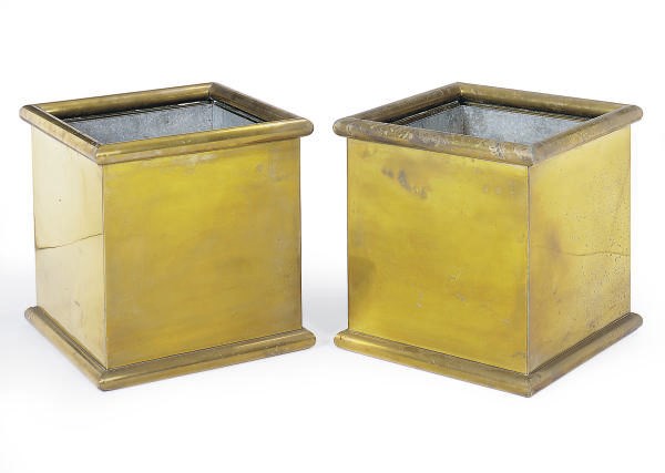 A PAIR OF BRASS SQUARE-FORM JARDINIERES,
