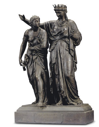 A FRENCH BRONZE-PATINATED SPELTER GROUP ENTITLED 'LA SCIENCE GUIDANT L'INDUSTRIE',