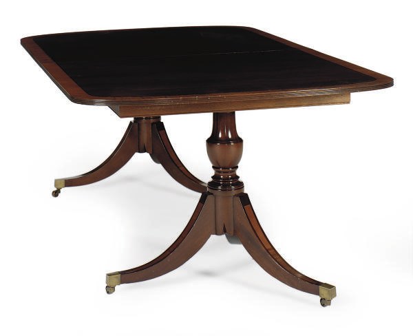 A MAHOGANY AND SATINWOOD-BANDED TWIN-PEDESTAL EXTENDING DINING TABLE,
