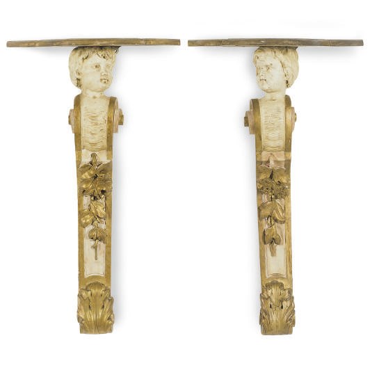 A PAIR OF CREAM-PAINTED AND PARCEL-GILT FIGURAL CONSOLE TABLES,