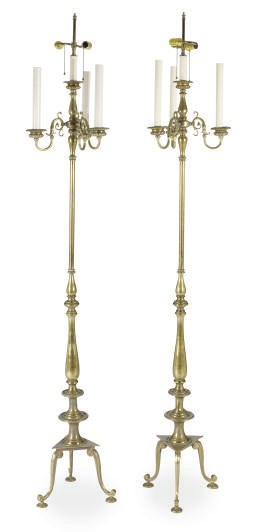 A PAIR OF ENGLISH BRASS STANDARD LAMPS,