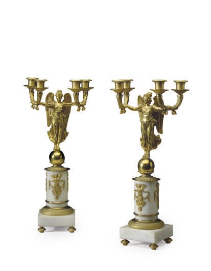 A PAIR OF FRENCH ORMOLU AND WHITE MARBLE FOUR-LIGHT CANDELABRA,
