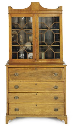 A GEORGE III MAHOGANY CROSSBANDED SECRETAIRE BOOKCASE,
