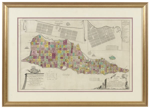A FRAMED COLORED ENGRAVING OF A MAP OF ST. CROIX,