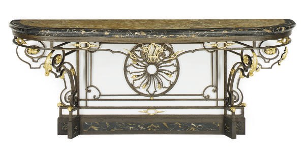 A WROUGHT IRON, PARCEL-GILT AND MARBLE TOP CONSOLE,