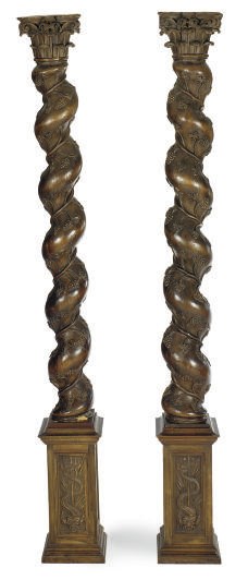 A PAIR OF FRUITWOOD SOLOMONIC COLUMNS,