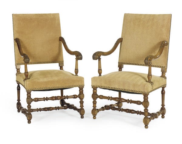 A PAIR OF FRENCH WALNUT AND UPHOLSTERED OPEN ARMCHAIRS,