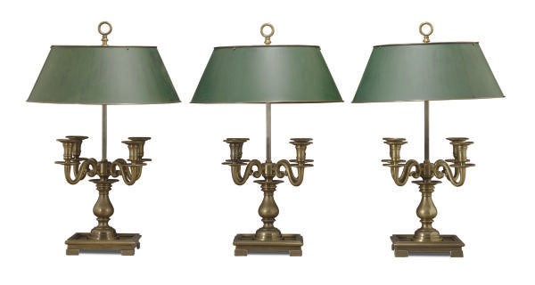 A SET OF THREE BRONZE TABLE LAMPS,