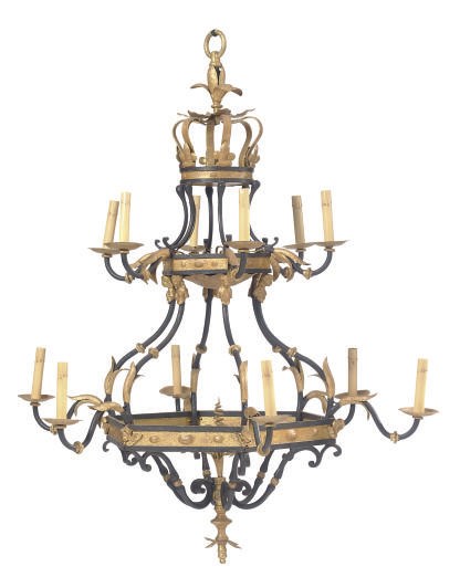 A BLACK-PAINTED AND PARCEL-GILT WROUGHT-IRON TWELVE-LIGHT CHANDELIER,